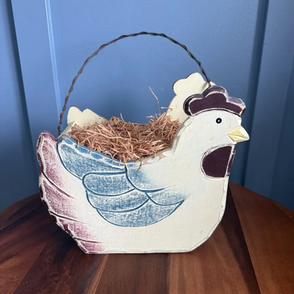 Vintage Hand Painted Wood Chicken Hen Basket Primitive Country Farmhouse Decor